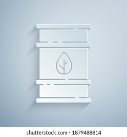 Paper cut Bio fuel barrel icon isolated on grey background. Eco bio and canister. Green environment and recycle. Paper art style. Vector.