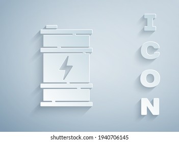 Paper cut Bio fuel barrel icon isolated on grey background. Eco bio and canister. Green environment and recycle. Paper art style. Vector