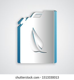Paper cut Bio fuel canister icon isolated on grey background. Eco bio and barrel. Green environment and recycle. Paper art style. Vector Illustration