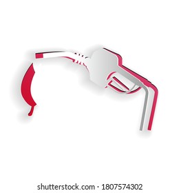 Paper cut Bio fuel concept with fueling nozzle and leaf icon isolated on white background. Natural energy concept. Gas station gun sign. Paper art style. Vector.