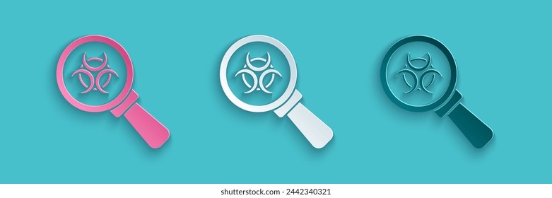 Paper cut Biohazard and magnifying glass icon isolated on blue background. Paper art style. Vector