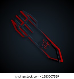 Paper cut Biohazard rocket icon isolated on black background. Rocket bomb flies down. Paper art style. Vector Illustration