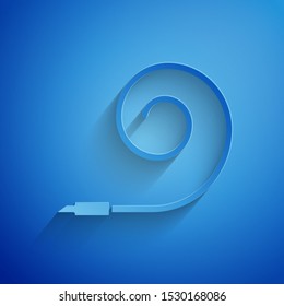 Paper cut Birthday party horn icon isolated on blue background. Paper art style. Vector Illustration