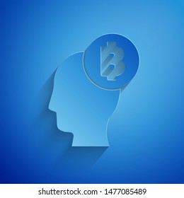 Paper cut Bitcoin think icon isolated on blue background. Cryptocurrency head. Blockchain technology, digital money market, cryptocoin wallet. Paper art style. Vector Illustration