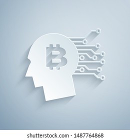 Paper cut Bitcoin think icon isolated on grey background. Cryptocurrency head. Blockchain technology, bitcoin, digital money market, cryptocoin wallet. Paper art style. Vector Illustration