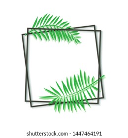 Paper cut black frame with tropical leaves. Two dark inclined square frames lie one on another. Vector card illustration with place for selling advertising text. 3d photoframe on white background
