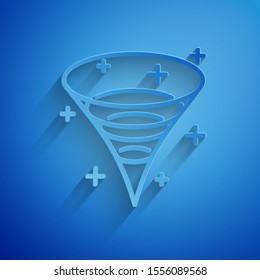 Paper cut Black hole icon isolated on blue background. Space hole. Collapsar. Paper art style. Vector Illustration