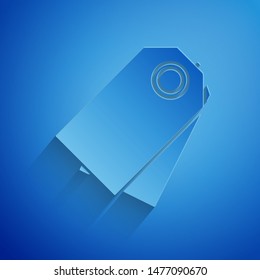 Paper cut Blank label template price tag icon isolated on blue background. Empty shopping discount sticker. Template discount banner. Paper art style. Vector Illustration