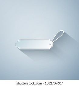 Paper cut Blank label template price tag icon isolated on grey background. Empty shopping discounts sticker. Template discount banner. Paper art style. Vector Illustration