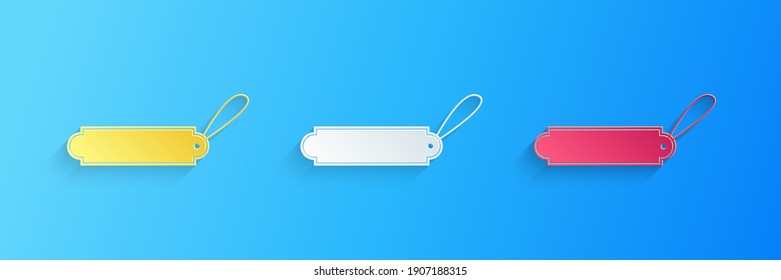 Recorte de papel Icono de etiqueta de precio de plantilla de etiqueta en blanco aislado en fondo azul. Etiqueta de descuentos comerciales vacíos. Cartel de descuento de plantilla. Estilo de arte de papel. Vector.
