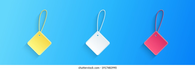 Paper cut Blank label template price tag icon isolated on blue background. Empty shopping discounts sticker. Template discount banner. Paper art style. Vector.