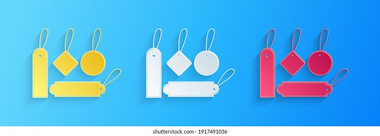 Paper cut Blank labels template price tags set icon isolated on blue background. Empty shopping discounts stickers. Template discount banners set. Paper art style. Vector.
