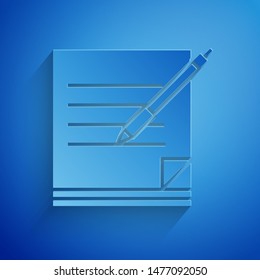 Paper cut Blank notebook and pen icon isolated on blue background. Paper and pen. Paper art style. Vector Illustration