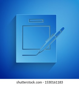 Paper cut Blank notebook and pen icon isolated on blue background. Paper and pen. Paper art style. Vector Illustration