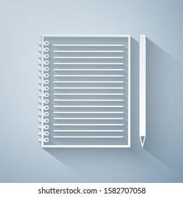 Paper cut Blank notebook and pencil with eraser icon isolated on grey background. Paper art style. Vector Illustration