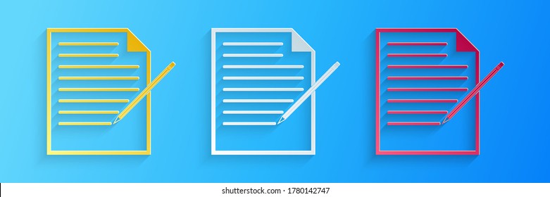 Paper cut Blank notebook and pencil with eraser icon isolated on blue background. Paper and pencil. Paper art style. Vector