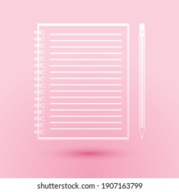 Cuaderno de papel en blanco y lápiz con icono de borrador aislado en el fondo rosado. Estilo de arte de papel. Vector.