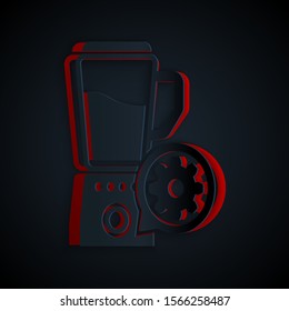 Paper cut Blender with bowl and gear icon isolated on black background. Adjusting app, service concept, setting options, maintenance, repair, fixing. Paper art style. Vector Illustration