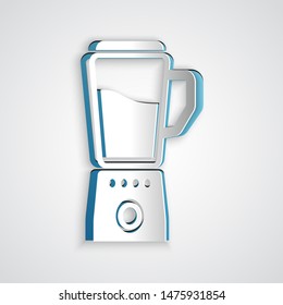 Paper cut Blender icon isolated on grey background. Kitchen electric stationary blender with bowl. Cooking smoothies, cocktail or juice. Paper art style. Vector Illustration