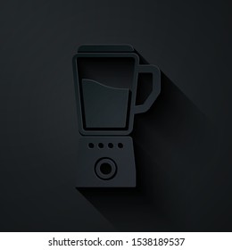 Paper cut Blender icon isolated on black background. Kitchen electric stationary blender with bowl. Cooking smoothies, cocktail or juice. Paper art style. Vector Illustration