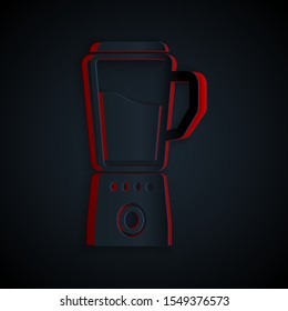 Paper cut Blender icon isolated on black background. Kitchen electric stationary blender with bowl. Cooking smoothies, cocktail or juice. Paper art style. Vector Illustration
