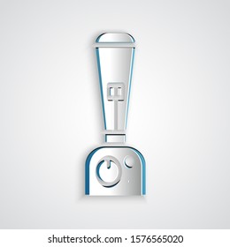 Paper cut Blender icon isolated on grey background. Kitchen electric stationary blender with bowl. Cooking smoothies, cocktail or juice. Paper art style. Vector Illustration