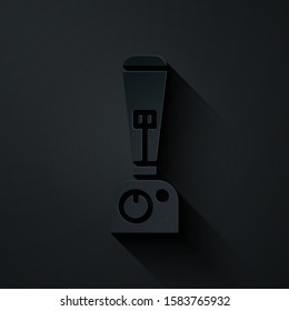 Paper cut Blender icon isolated on black background. Kitchen electric stationary blender with bowl. Cooking smoothies, cocktail or juice. Paper art style. Vector Illustration