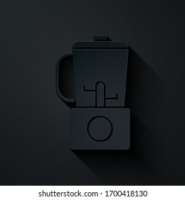 Paper cut Blender icon isolated on black background. Kitchen electric stationary blender with bowl. Cooking smoothies, cocktail or juice. Paper art style. Vector Illustration
