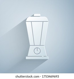 Paper cut Blender icon isolated on grey background. Kitchen electric stationary blender with bowl. Cooking smoothies, cocktail or juice. Paper art style. Vector