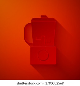 Paper cut Blender icon isolated on red background. Kitchen electric stationary blender with bowl. Cooking smoothies, cocktail or juice. Paper art style. Vector Illustration