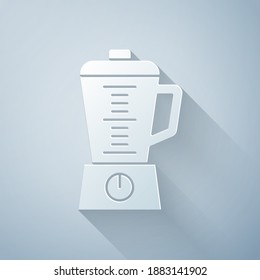 Paper cut Blender icon isolated on grey background. Kitchen electric stationary blender with bowl. Cooking smoothies, cocktail or juice. Paper art style. Vector