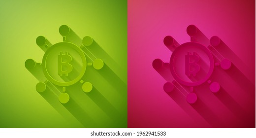 Tecnología de corte de papel Blockchain Icono de bitcoin aislado en fondo verde y rosa. Resumen del negocio de la tecnología de redes de cadenas de bloques geométricos. Estilo de arte de papel. Vector