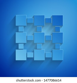 Paper cut Blockchain technology icon isolated on blue background. Cryptocurrency data. Abstract geometric block chain network technology business. Paper art style. Vector Illustration