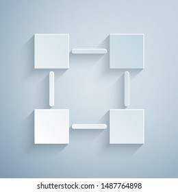 Paper cut Blockchain technology icon isolated on grey background. Cryptocurrency data. Abstract geometric block chain network technology business. Paper art style. Vector Illustration