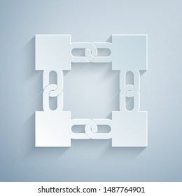 Paper cut Blockchain technology icon isolated on grey background. Cryptocurrency data. Abstract geometric block chain network technology business. Paper art style. Vector Illustration