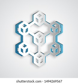 Paper cut Blockchain technology icon isolated on grey background. Cryptocurrency data. Abstract geometric block chain network technology business. Paper art style. Vector Illustration