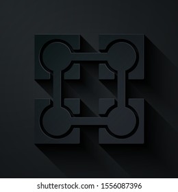 Paper cut Blockchain technology icon isolated on black background. Cryptocurrency data. Abstract geometric block chain network technology business. Paper art style. Vector Illustration