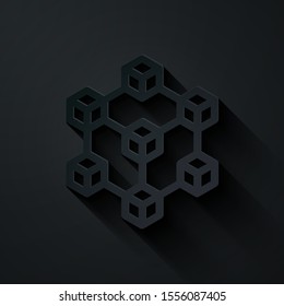 Paper cut Blockchain technology icon isolated on black background. Cryptocurrency data. Abstract geometric block chain network technology business. Paper art style. Vector Illustration