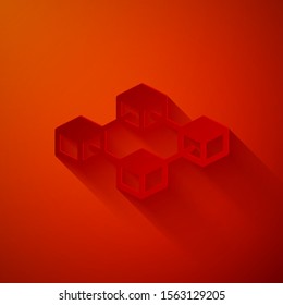 Paper cut Blockchain technology icon isolated on red background. Cryptocurrency data. Abstract geometric block chain network technology business. Paper art style. Vector Illustration