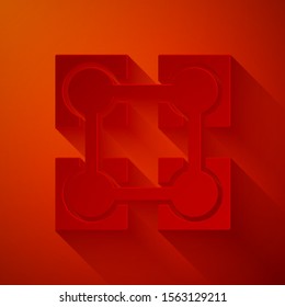 Paper cut Blockchain technology icon isolated on red background. Cryptocurrency data. Abstract geometric block chain network technology business. Paper art style. Vector Illustration