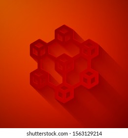 Paper cut Blockchain technology icon isolated on red background. Cryptocurrency data. Abstract geometric block chain network technology business. Paper art style. Vector Illustration