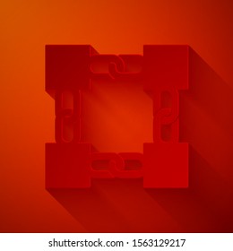Paper cut Blockchain technology icon isolated on red background. Cryptocurrency data. Abstract geometric block chain network technology business. Paper art style. Vector Illustration