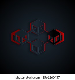 Paper cut Blockchain technology icon isolated on black background. Cryptocurrency data. Abstract geometric block chain network technology business. Paper art style. Vector Illustration