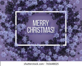 Paper cut blue and black snow flake. Origami Snowfall. Merry Christmas Greetings card. Winter Purple background. Vector illustration