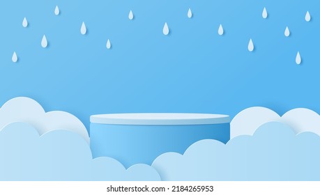 Paper cut of blue color cylinder podium and clouds with raindrops for products display presentation. Vector illustration.