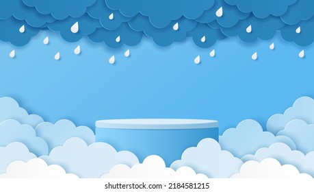 Paper cut of blue color cylinder podium and clouds with raindrops for products display presentation. Vector illustration.