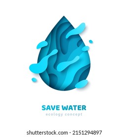 Paper Cut Blue Drop, Papercut Art Cartoon Style. Modern Origami Droplet Icon, Raindrop Splash Design Template. Save Water Ecology Concept Creative Logo. Vector Illustration.