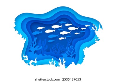 Paisaje submarino azul cortado en papel con bancos de peces tropicales, fondo submarino de Vector. Océano bajo el agua o la vida marina en agua cortada de papel con peces de dibujos animados y algas marinas de arrecife de coral