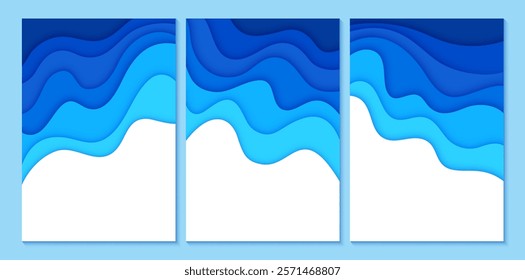 Paper cut blue water waves, sea surface ripples. 3d vector papercut empty banners, poster or frame templates with wavy navy layers for environmental World Water day or Save the Oceans day 8th June