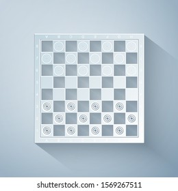 Paper cut Board game of checkers icon isolated on grey background. Ancient Intellectual board game. Chess board. White and black chips. Paper art style. Vector Illustration